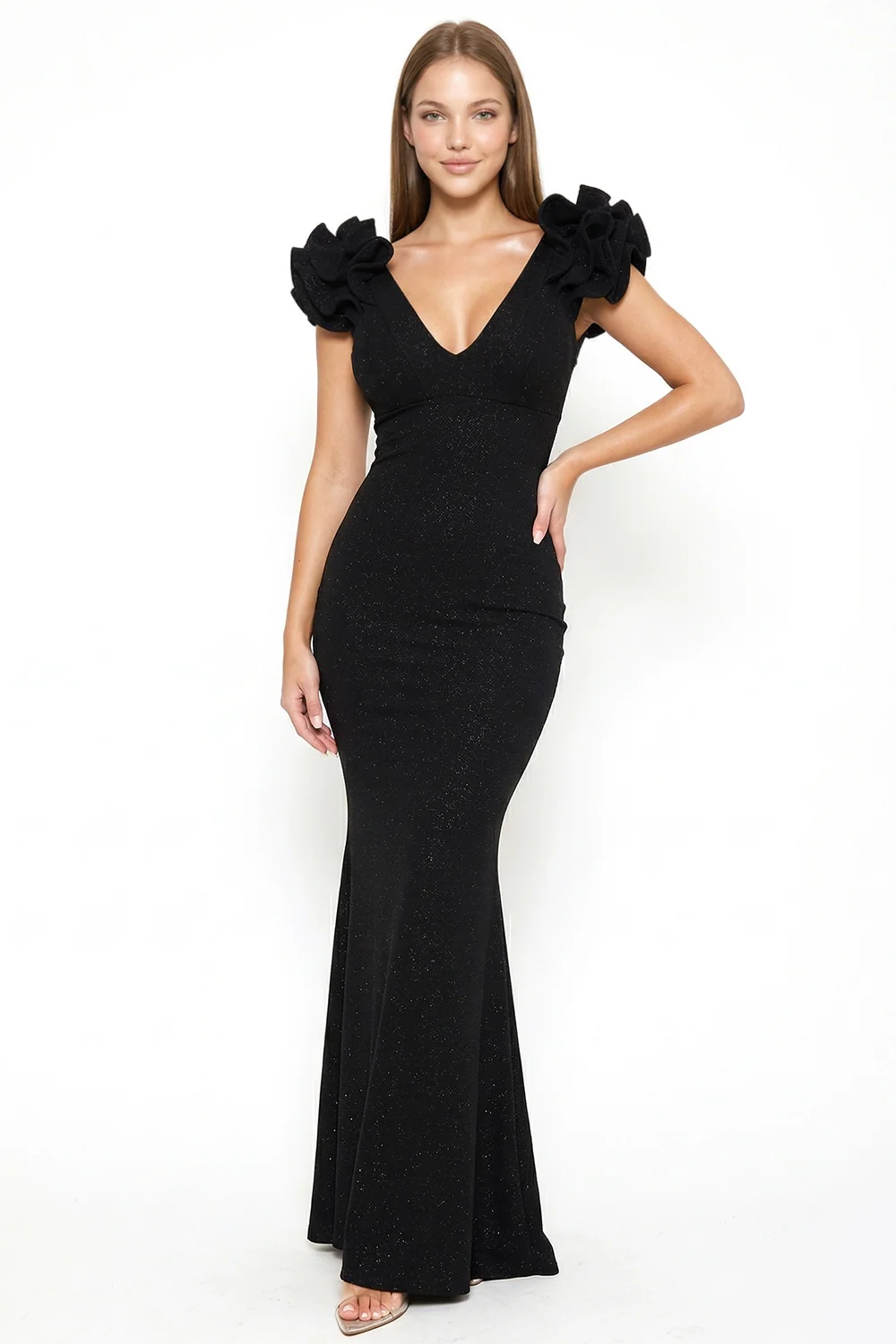Glittered Ruffle Sleeve Black Dress