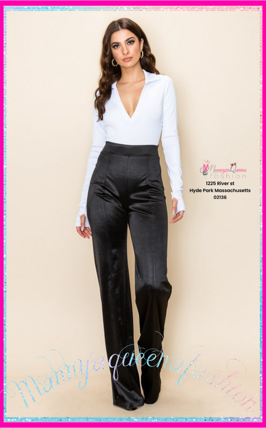 Satin Stretch High Waisted Pants Black