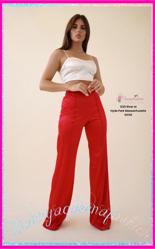 Satin Stretch High Waisted Pants Red