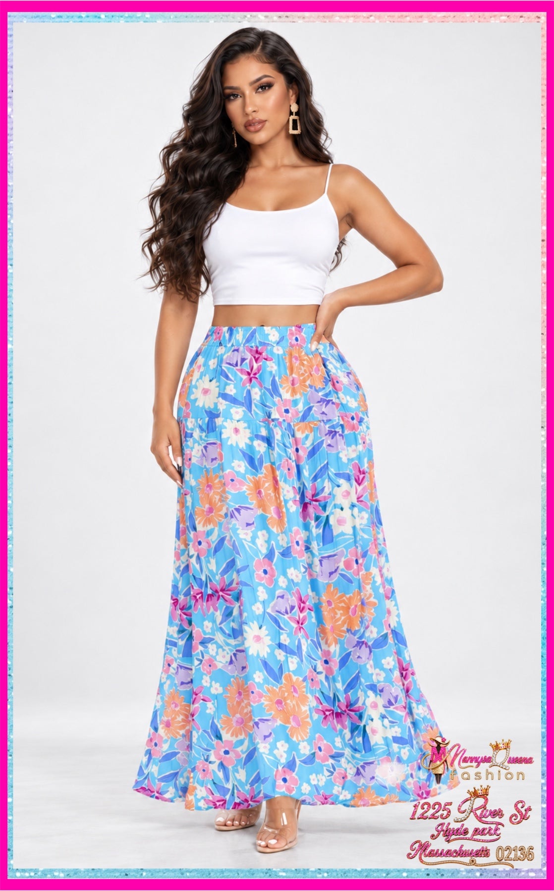 Women's elastic waist tiered floral maxi skirt
