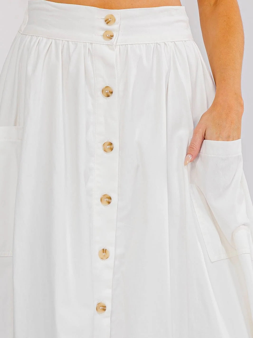 elastic waist button up front pockets denim midi skirt