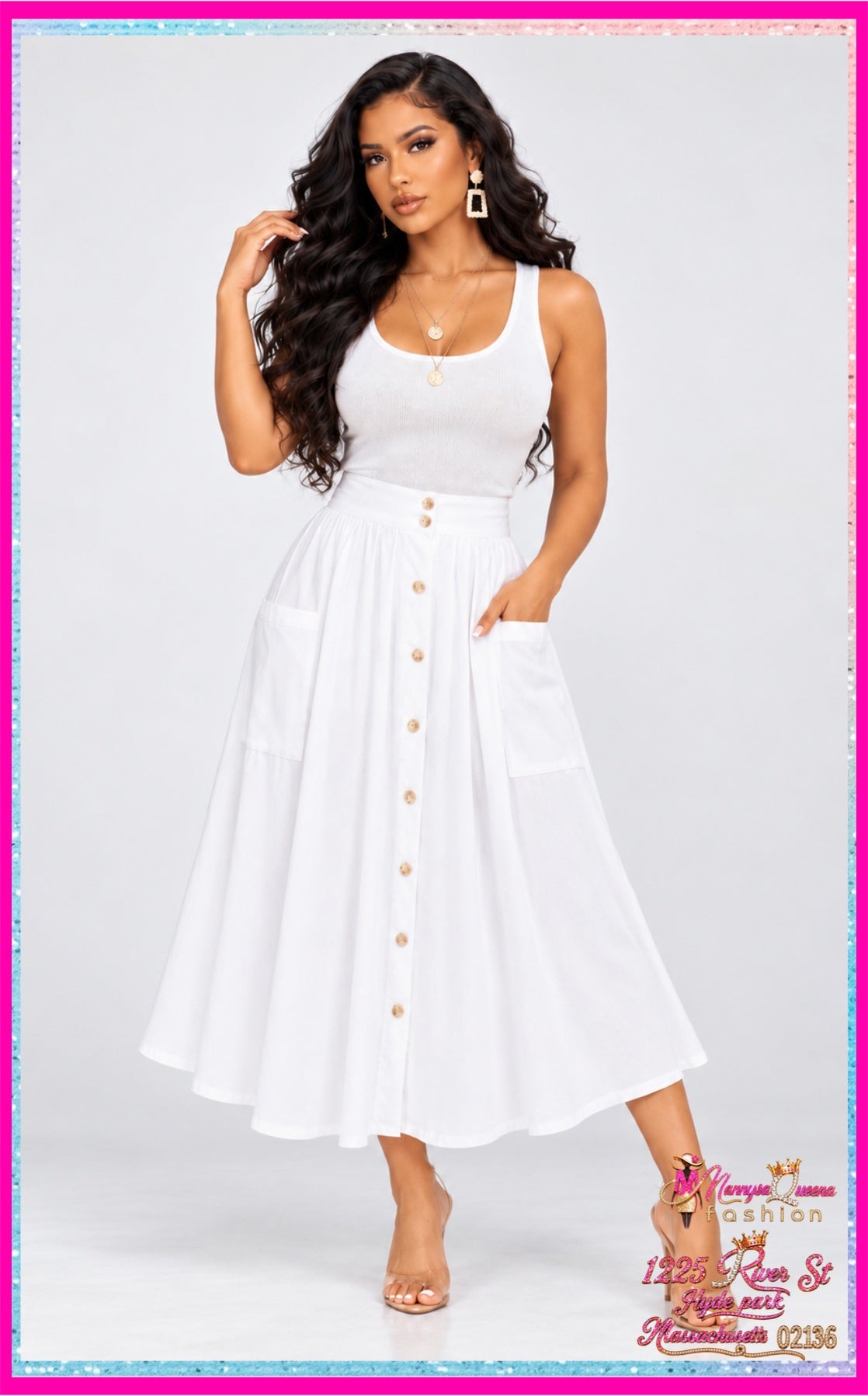 elastic waist button up front pockets denim midi skirt