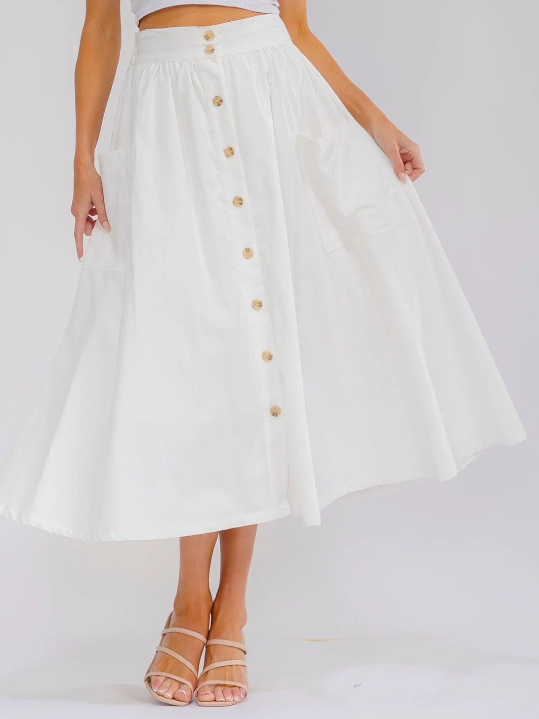 elastic waist button up front pockets denim midi skirt