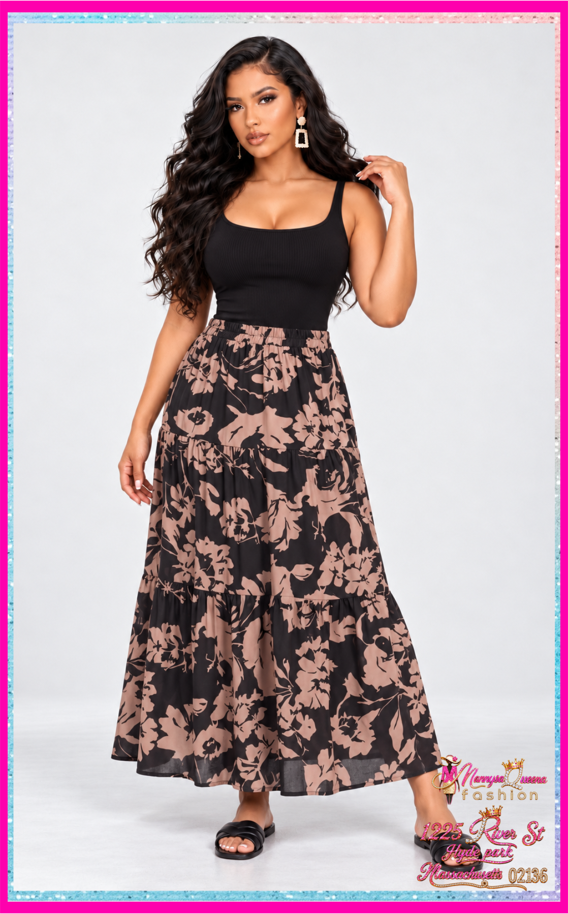 elastic waist tiered floral maxi skirt Black