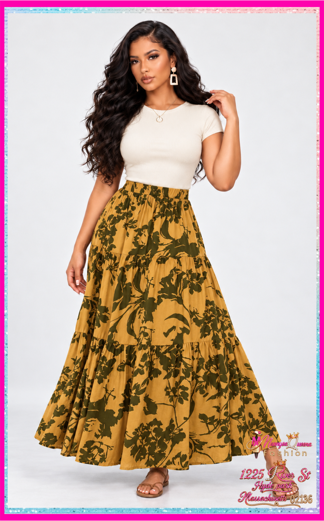 elastic waist tiered floral maxi skirt Mustard