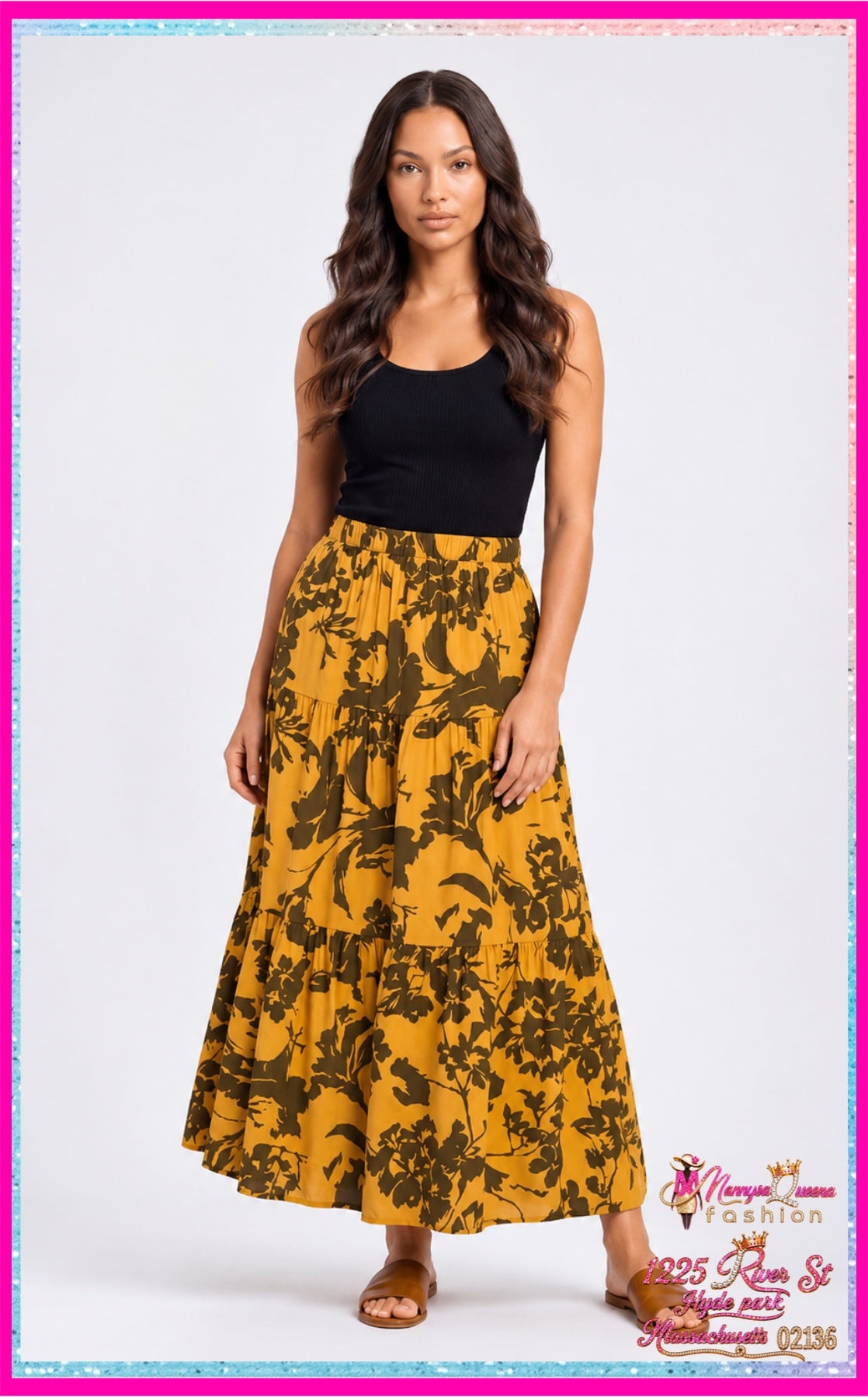 elastic waist tiered floral maxi skirt Mustard