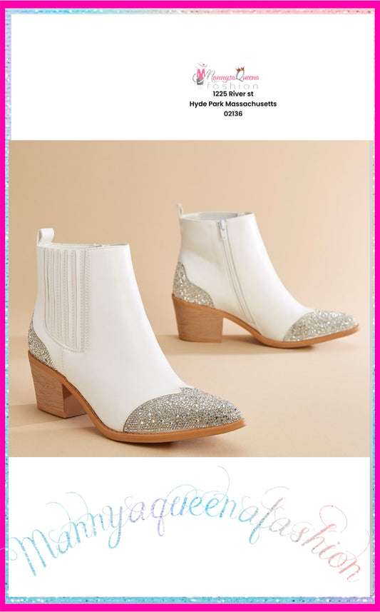 bling toe white faux leather boots