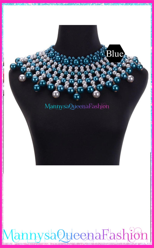 Egyptian Inspired Style Maxi Bib Collar Choker Necklace Blue