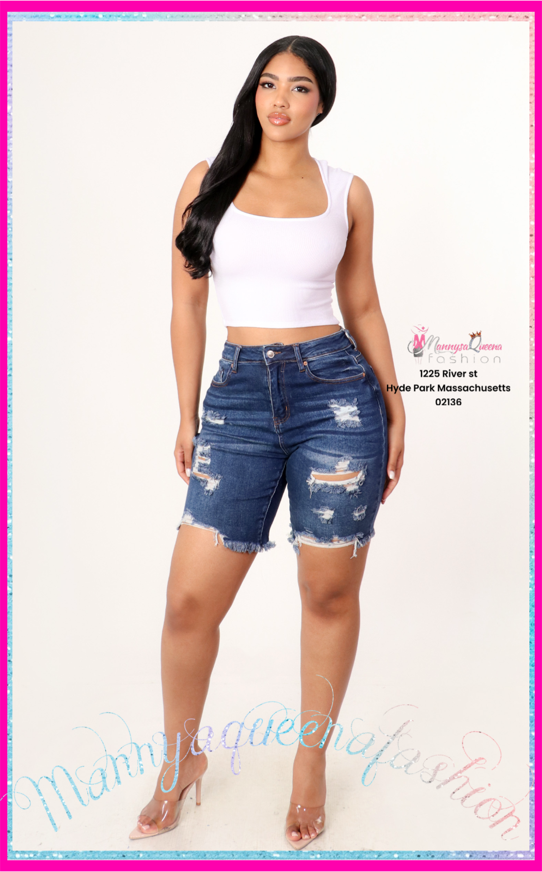 Dark-wash denim high-rise distressed biker shorts.