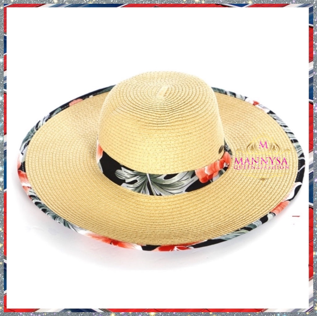 Straw brim hat with floral pattern